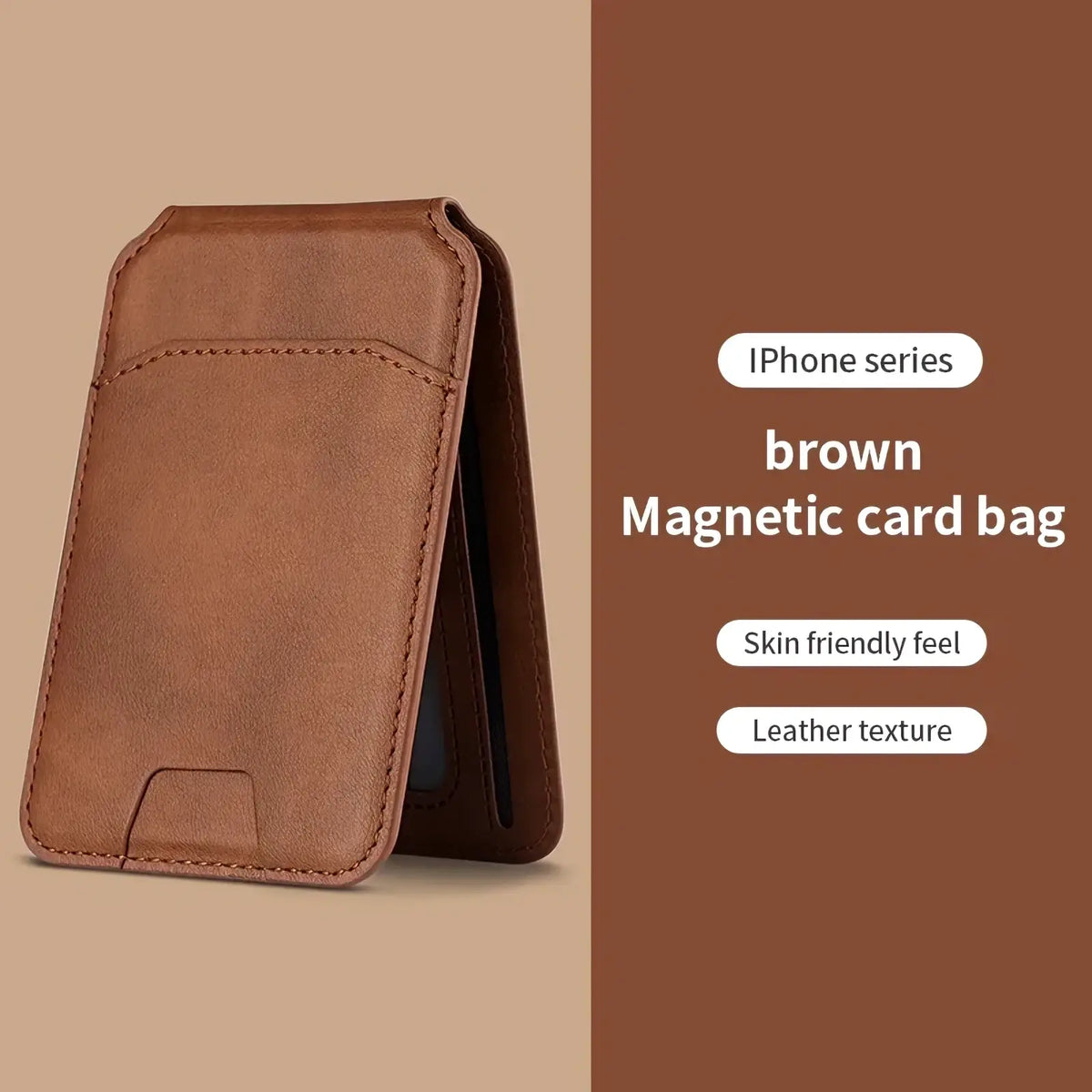 Brown magnetic leather wallet for iphone with skin friendly texture shown from the back side