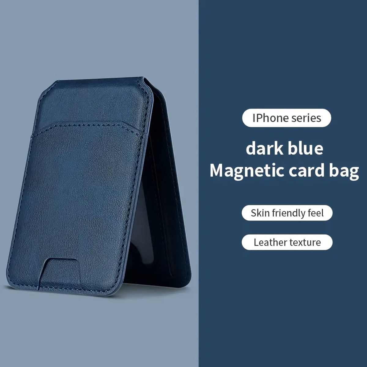 Dark blue leather magsafe wallet iphone case with skin-friendly texture designed for iphone series shown from back side