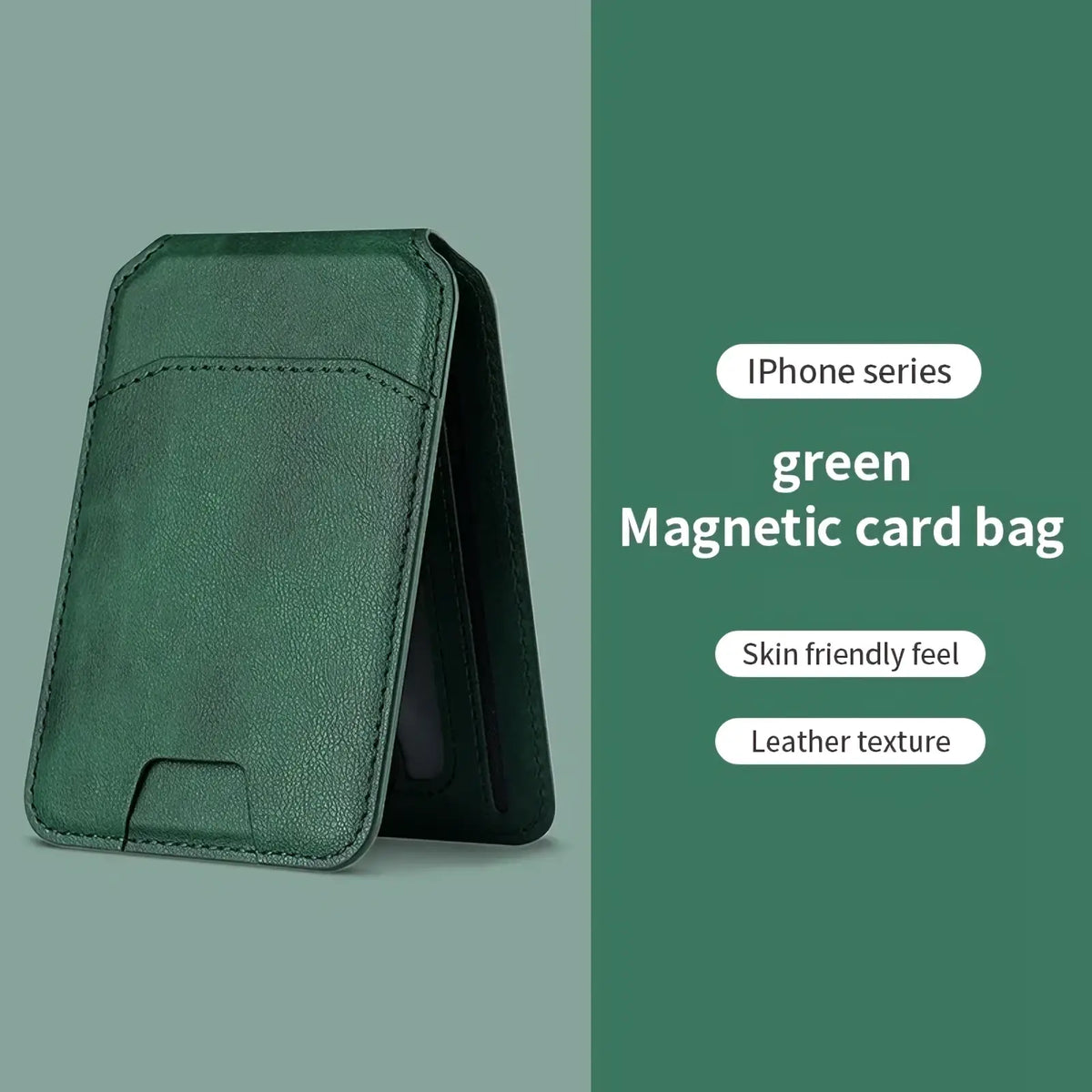 A sleek green magsafe leather wallet iphone case with magnetic card bag and skin-friendly texture for iphone users