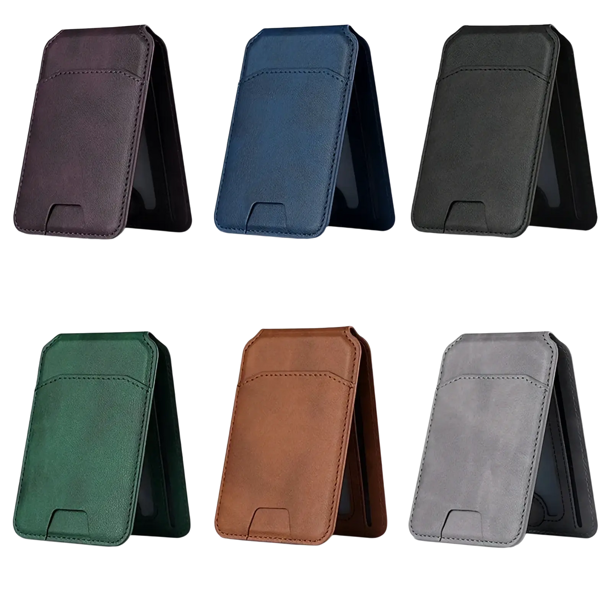 Magsafe leather wallet iphone case in six colors featuring a sleek magnetic design and textured leather with precise stitching