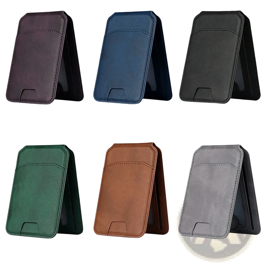 Magsafe leather wallet iphone case in six colors featuring a sleek magnetic design and textured leather with precise stitching