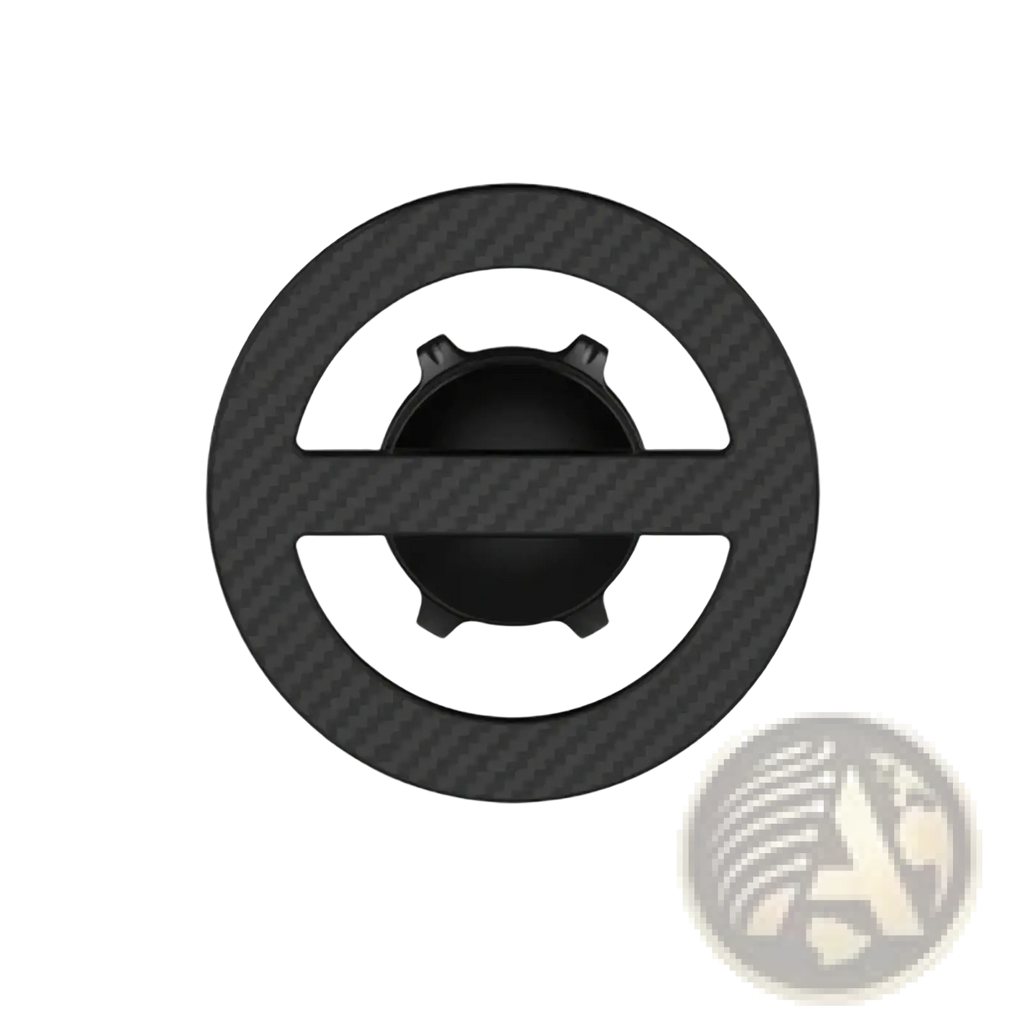 Magsafe magnetic car mount base with a black carbon fiber textured circular steering wheel cover and central gear design