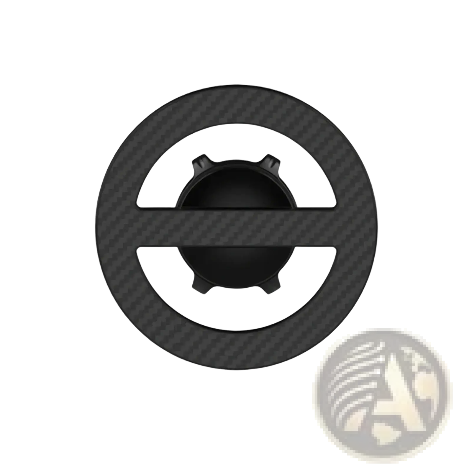 Magsafe magnetic car mount base with a black carbon fiber textured circular steering wheel cover and central gear design