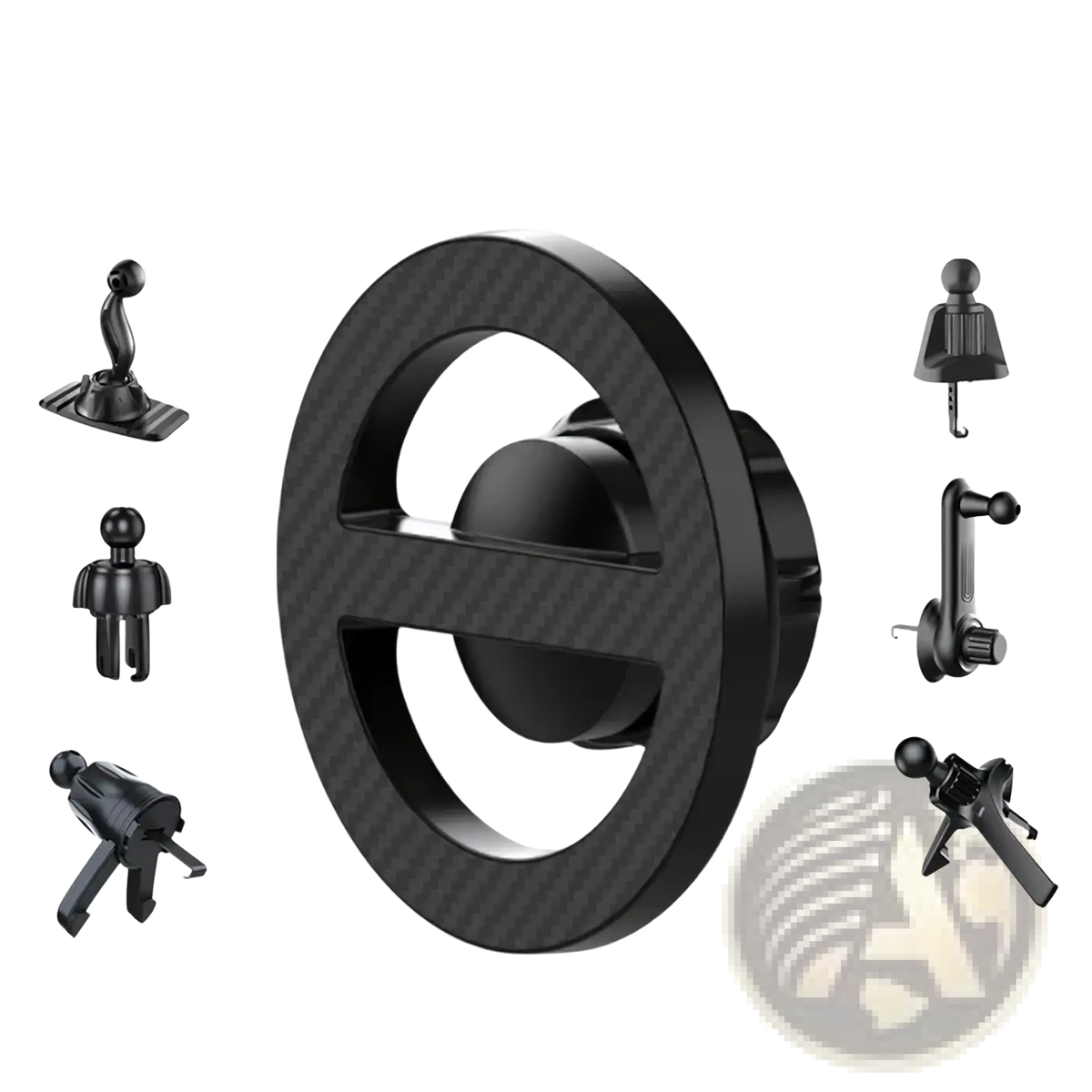 Black carbon fiber textured magsafe magnetic car mount base with 17mm ball head and multiple adapter clips visible from back