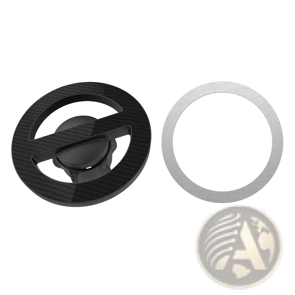 Black carbon fiber textured magsafe magnetic car mount base with silver metallic ring and 17mm ball head shown from back side
