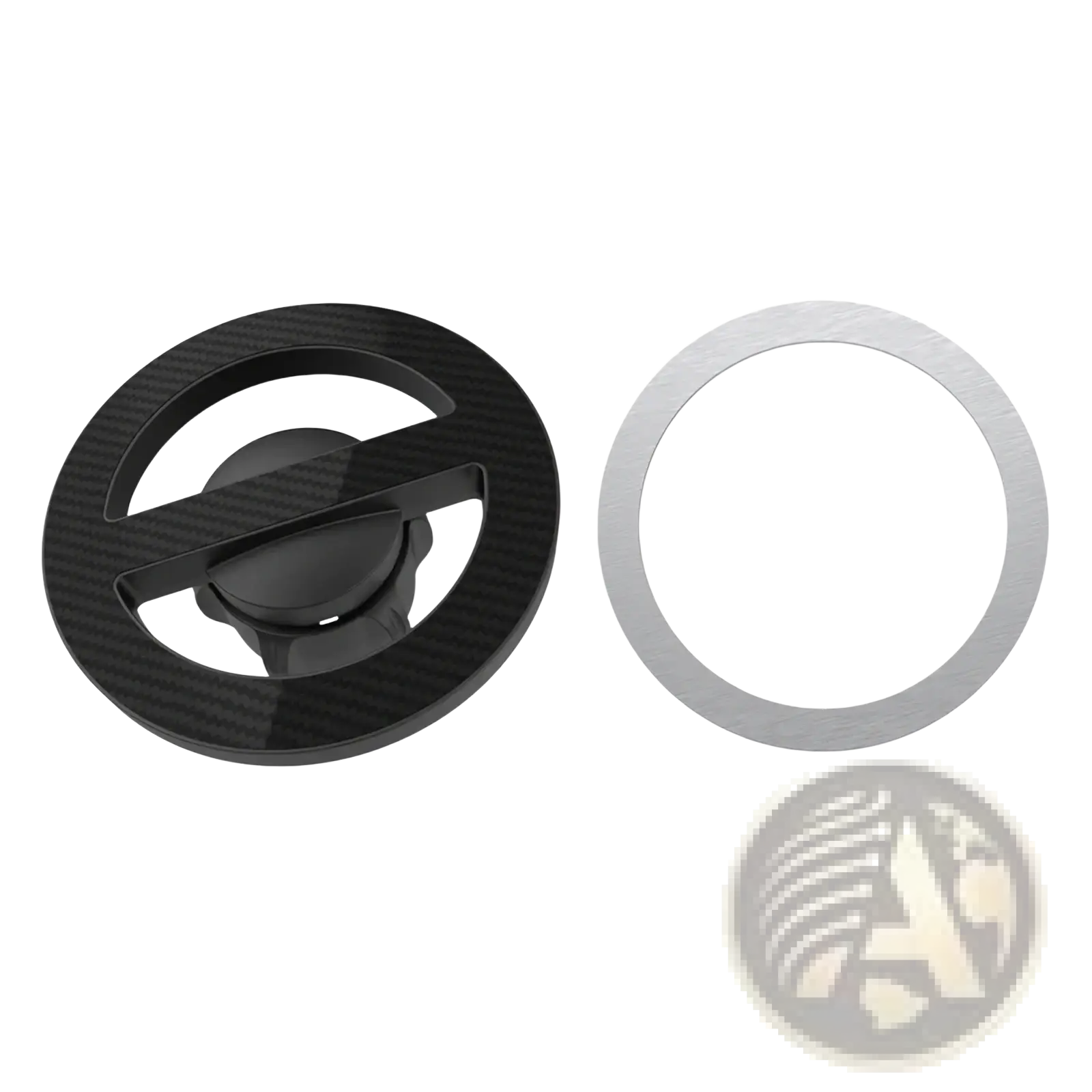 Black carbon fiber textured magsafe magnetic car mount base with silver metallic ring and 17mm ball head shown from back side