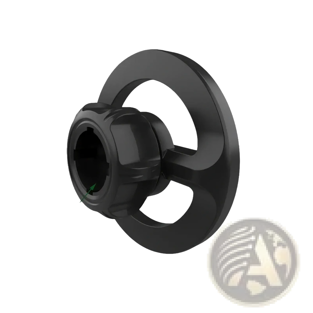 Back side of a black plastic magsafe magnetic car mount base with a 17mm diameter threaded hole and three cutouts