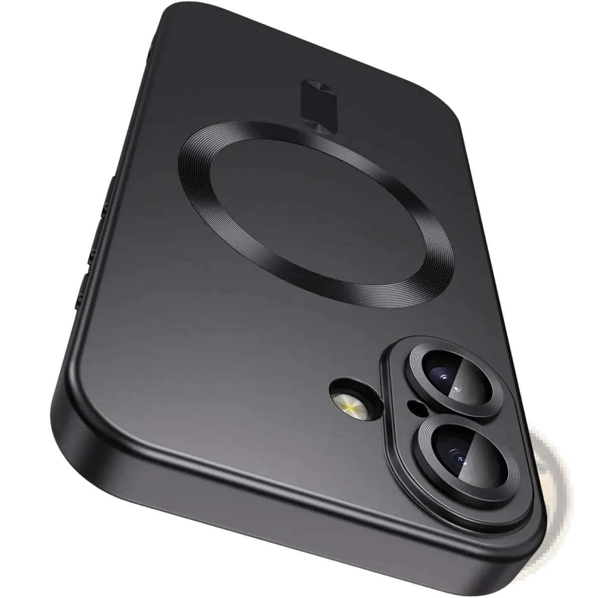 Black magnetic silicone phone case for iphone showing back side with circular charging pad and dual-camera cutout