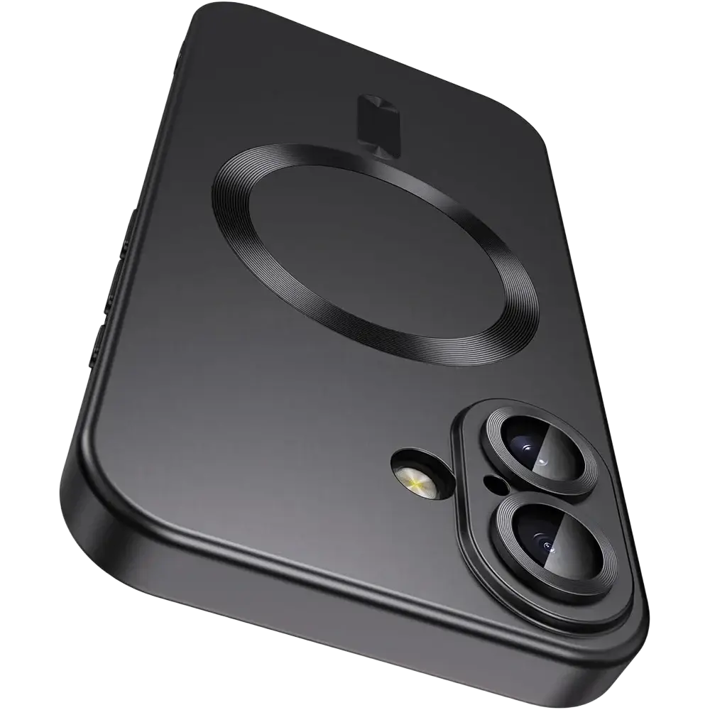 Black magnetic silicone phone case for iphone showing back side with circular charging pad and dual-camera cutout