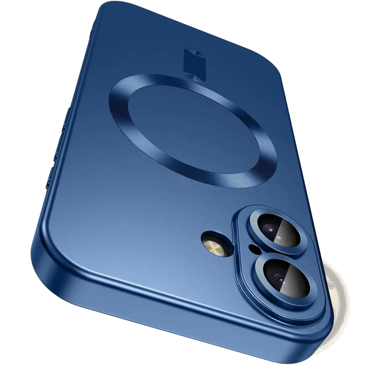 Deep blue magnetic silicone magsafe phone case for iPhone back side with circular charging pad and dual-camera cutout