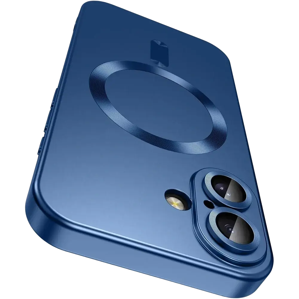 Deep blue magnetic silicone magsafe phone case for iPhone back side with circular charging pad and dual-camera cutout