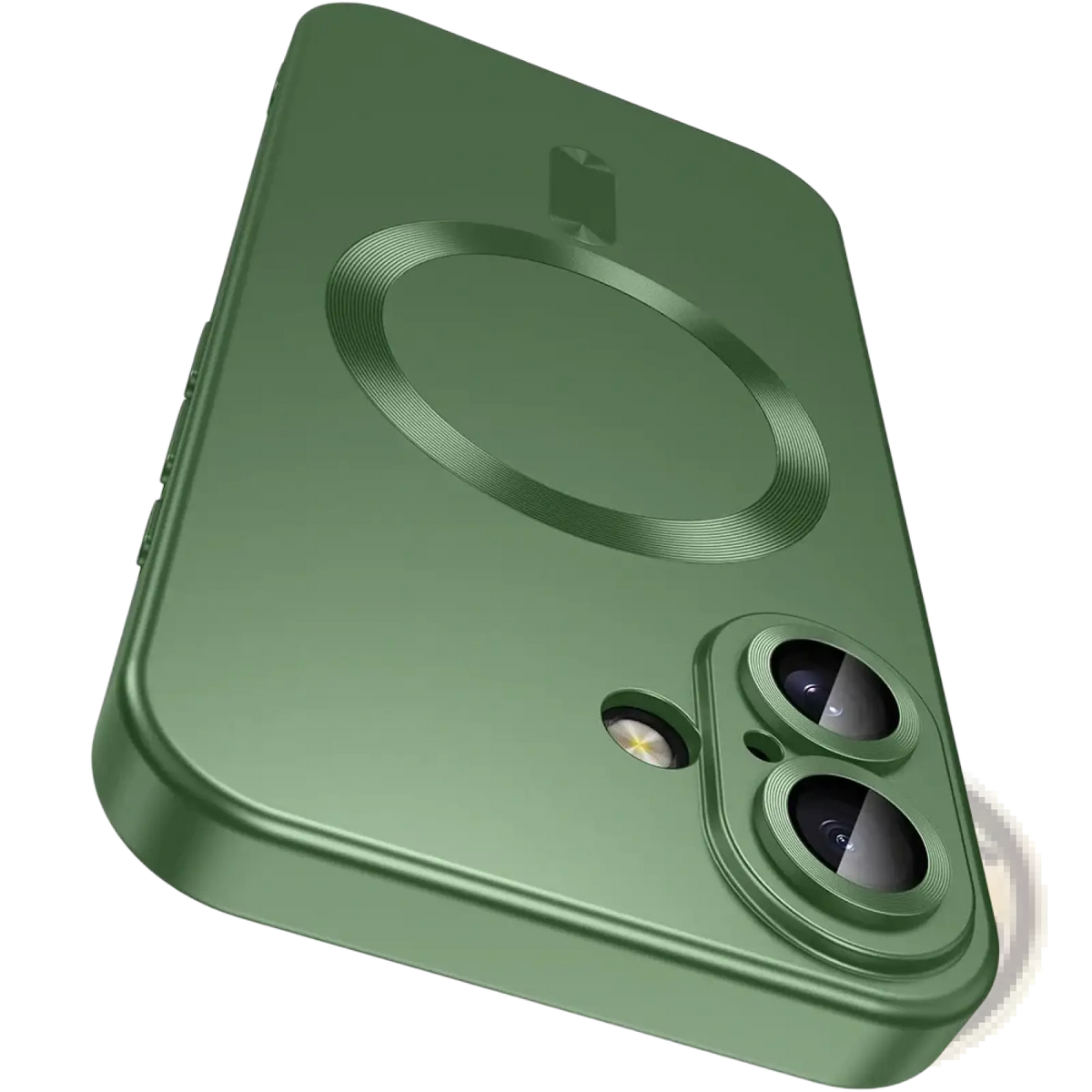 Olive green magsafe magnetic silicone phone case for iphone back side with circular charging pad and dual-camera cutout