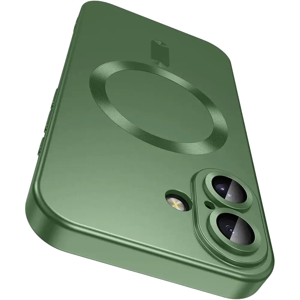 Olive green magsafe magnetic silicone phone case for iphone back side with circular charging pad and dual-camera cutout