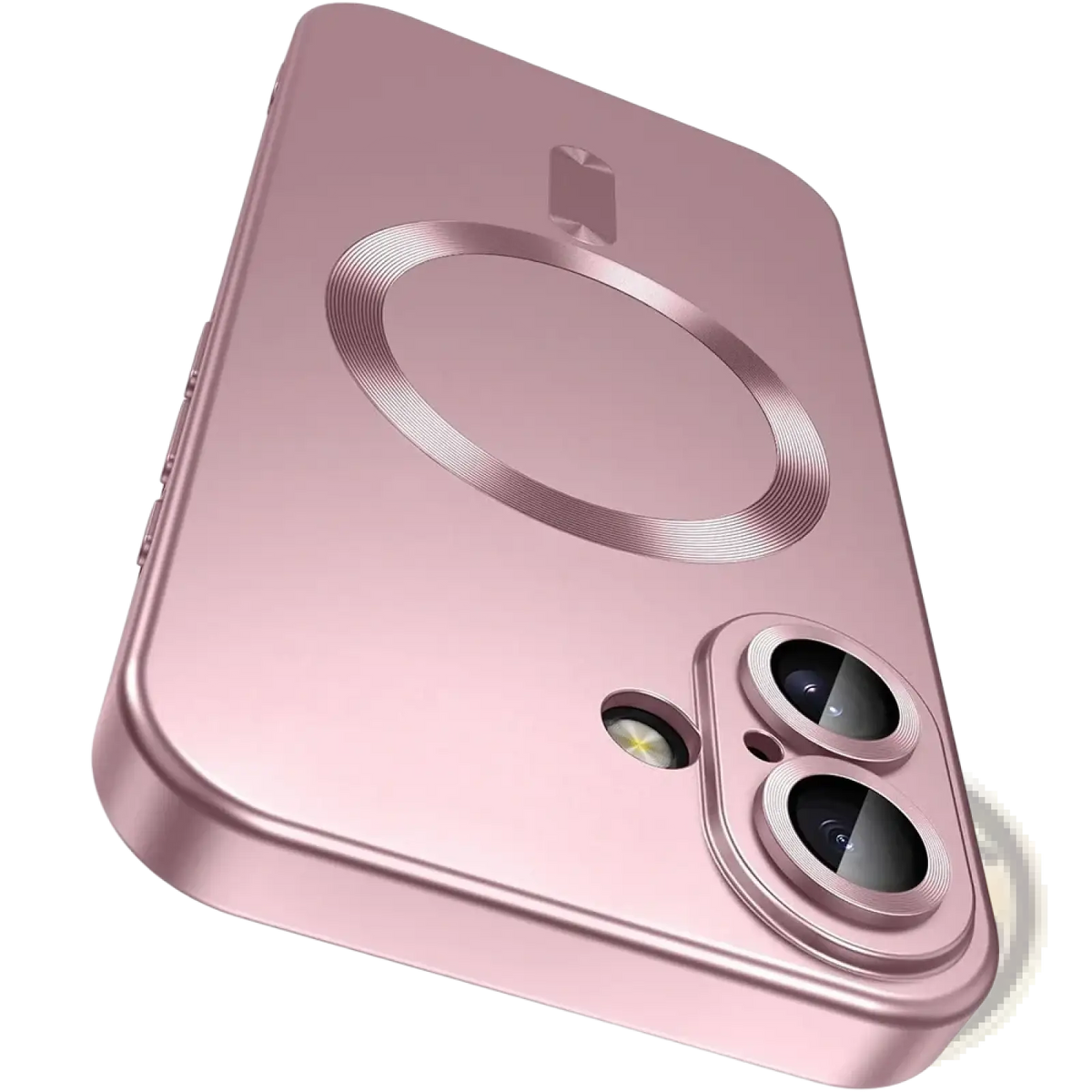 Back side of rose gold magsafe magnetic silicone phone case with circular charging ring and dual-camera cutout for iPhone