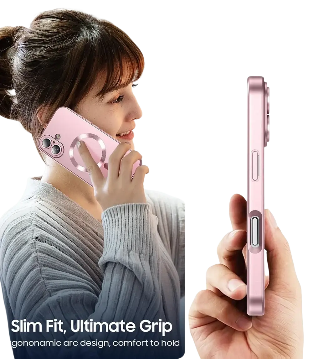 Pink slim silicone magsafe magnetic phone case for iphone showing the back with a circular magnetic ring
