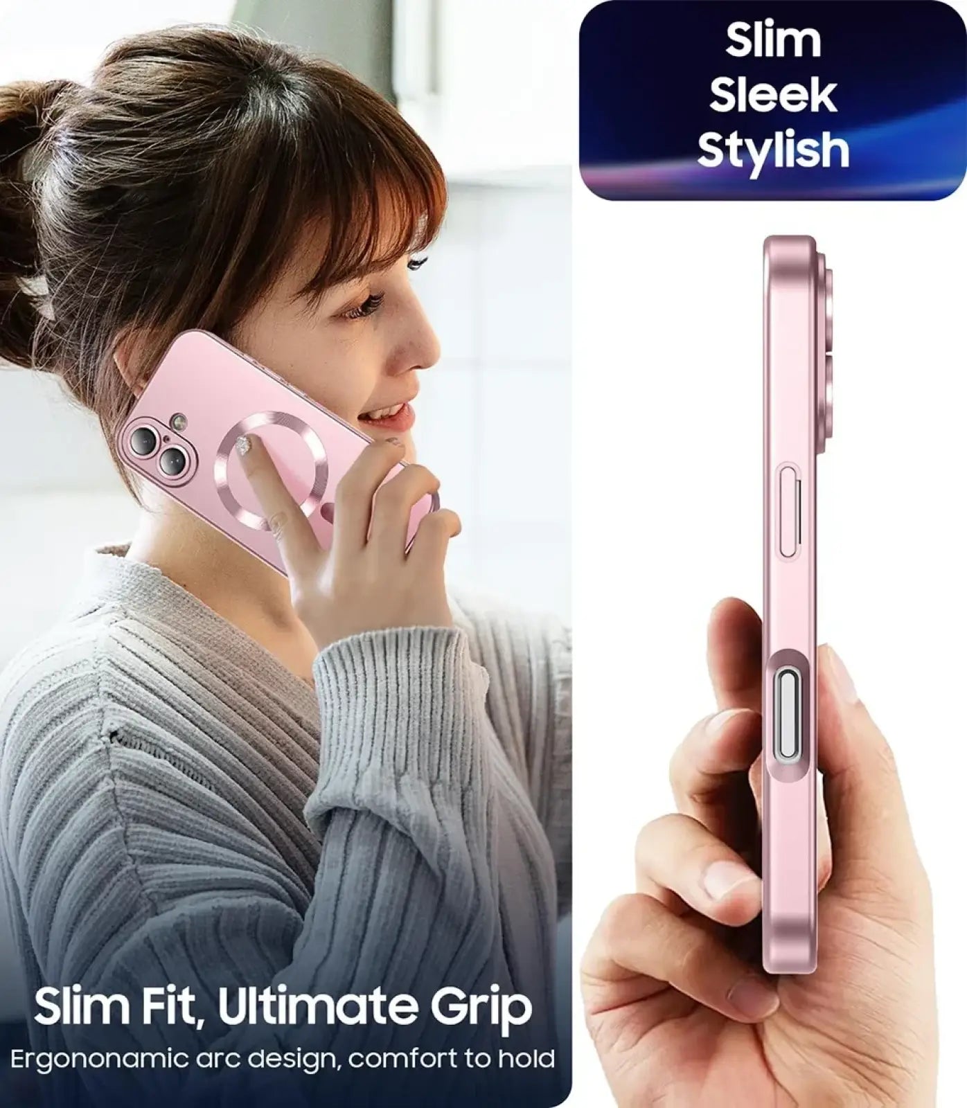 Pink slim silicone magsafe magnetic phone case for iphone showing the back with a circular magnetic ring