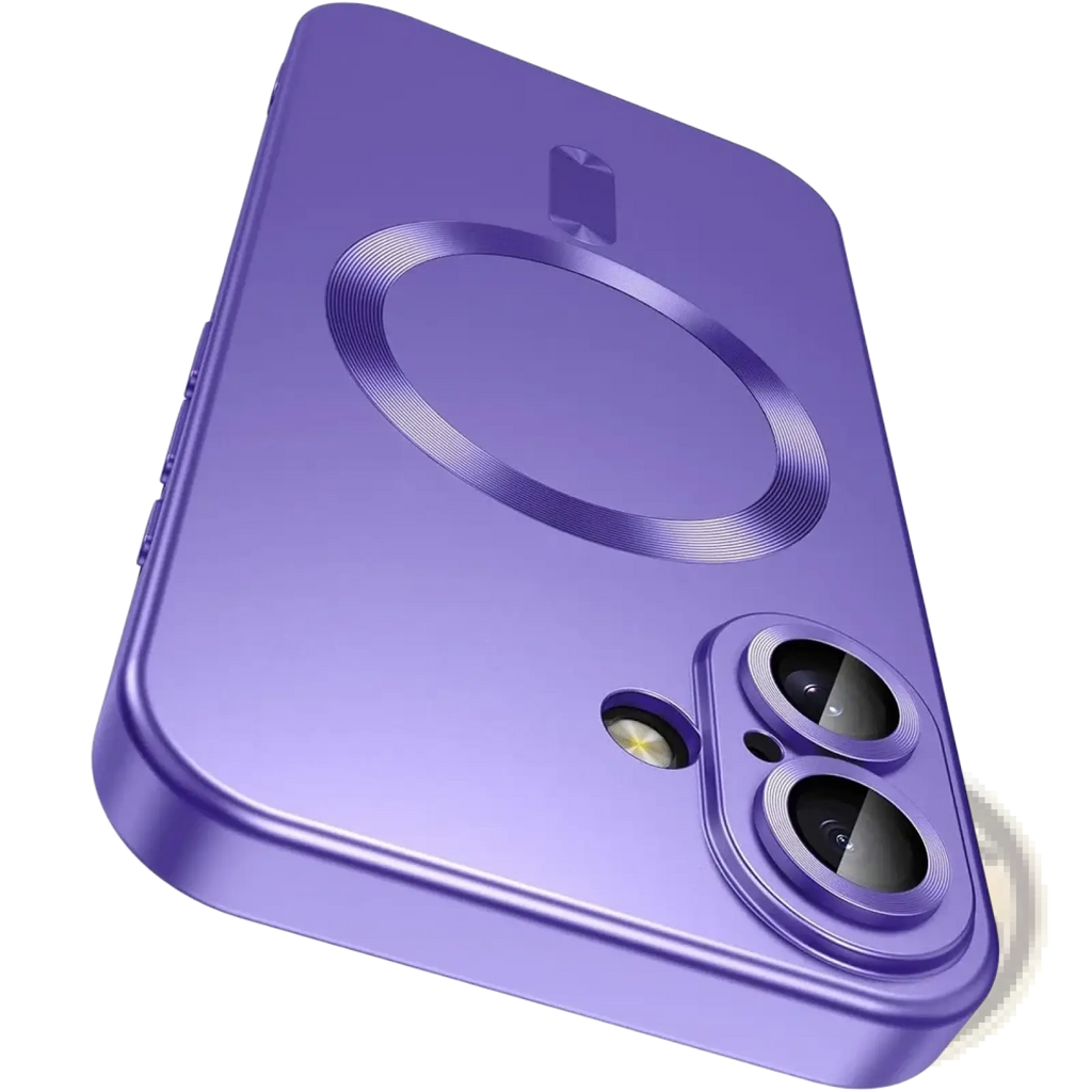 Purple magnetic silicone phone case for iPhone with circular charging ring and dual-camera cutout shown from the back side
