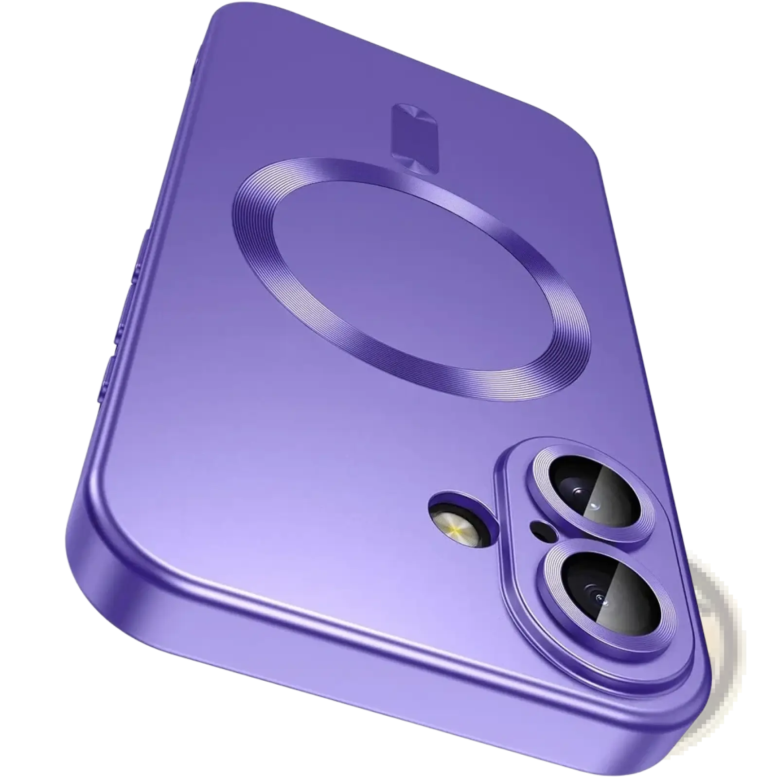 Purple magnetic silicone phone case for iPhone with circular charging ring and dual-camera cutout shown from the back side