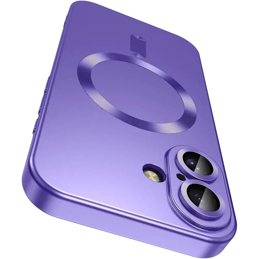 Purple magnetic silicone phone case for iPhone with circular charging ring and dual-camera cutout shown from the back side