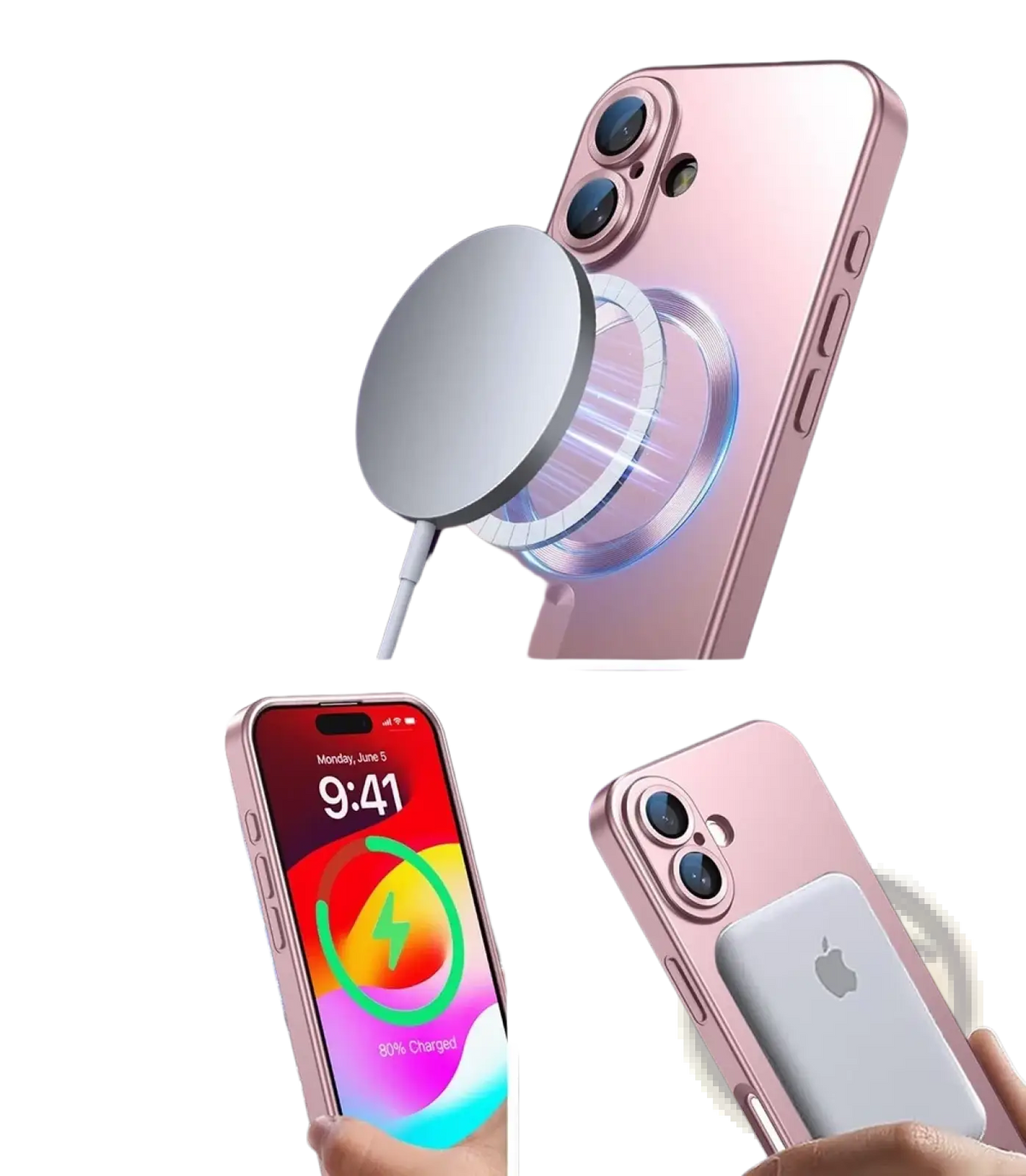 Rose gold iphone 14 pro magnetic charging pad with sleek circular design and magsafe compatible silicone phone case back view
