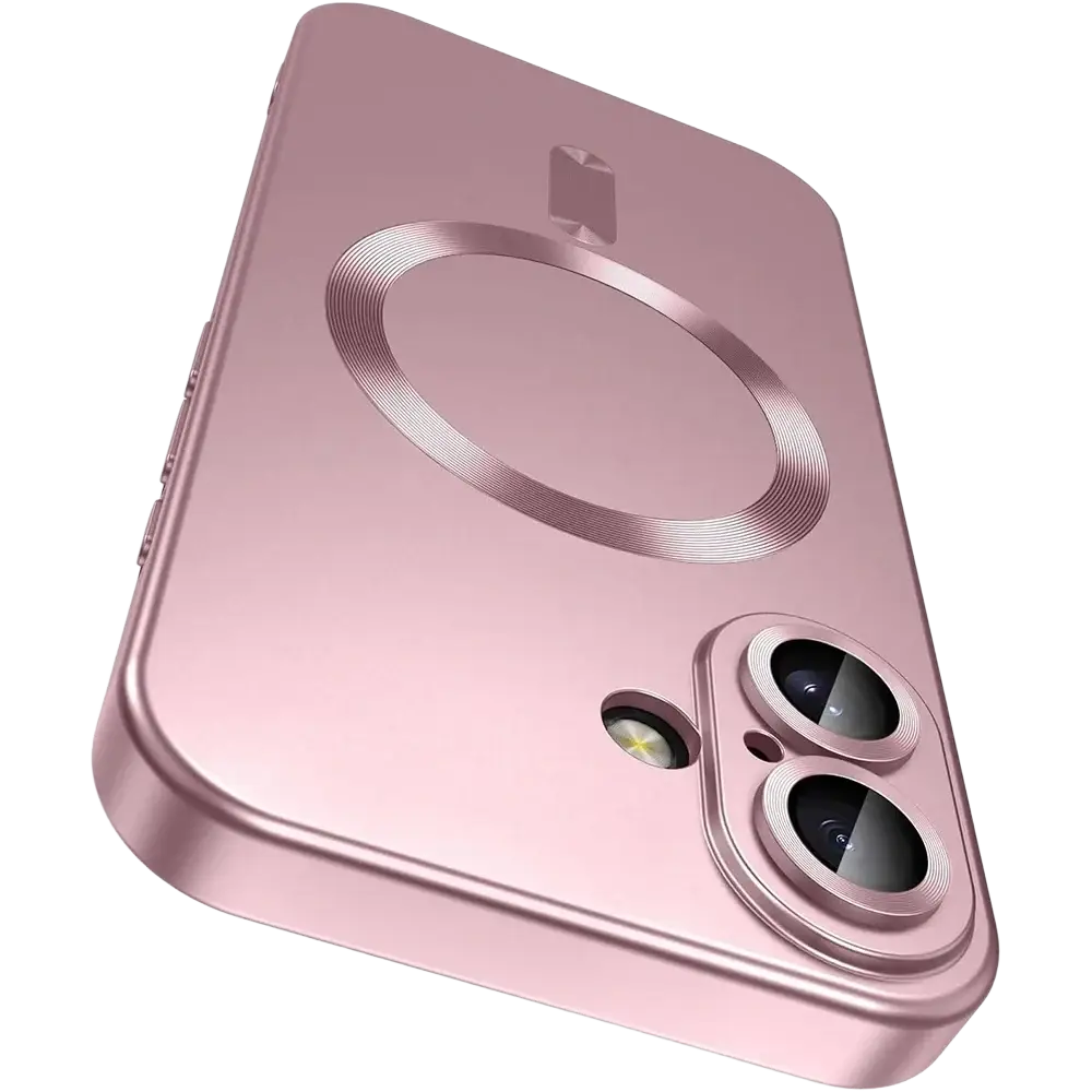 Back side of rose gold magsafe magnetic silicone phone case with circular charging ring and dual-camera cutout for iPhone