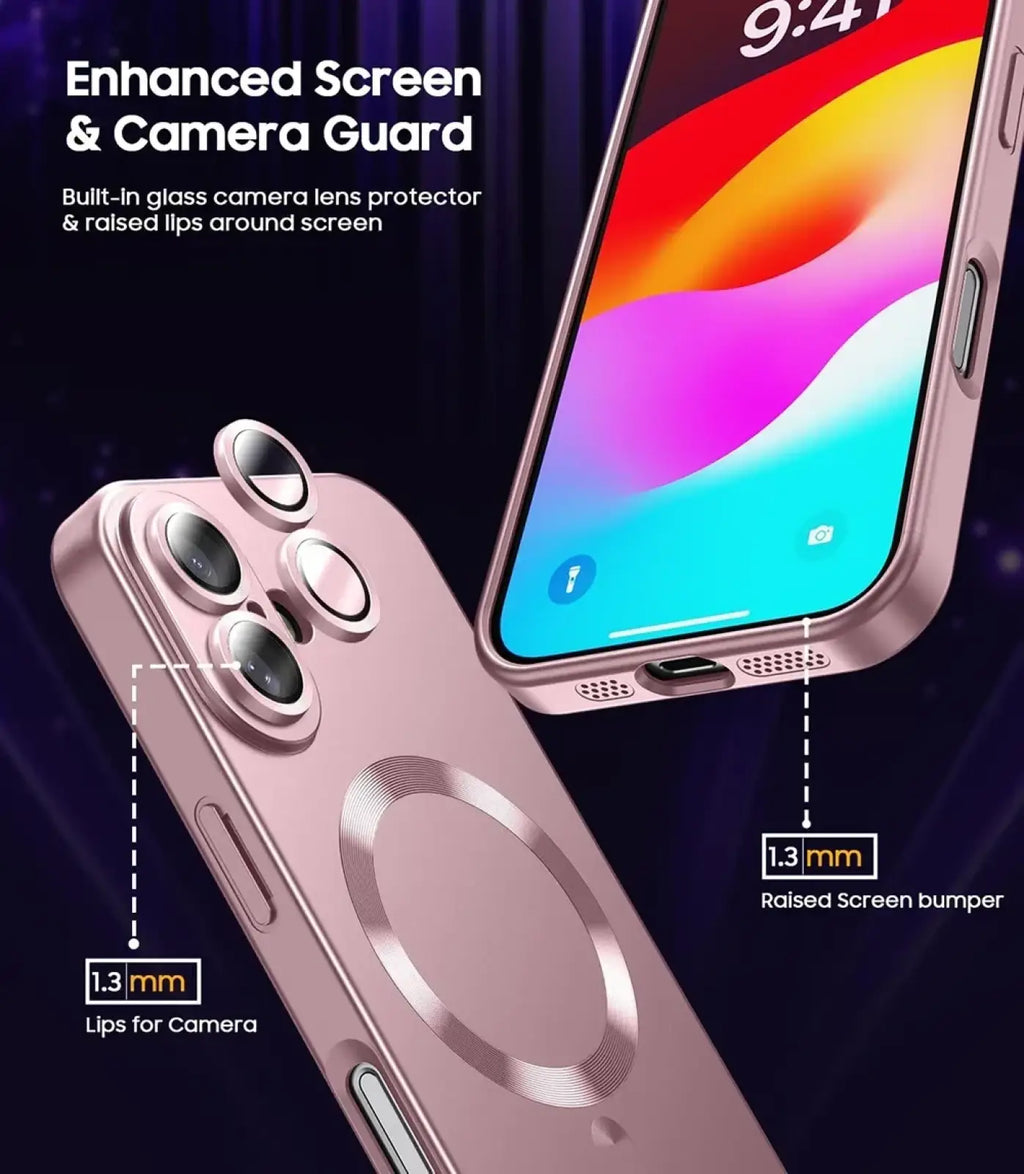 Rose gold magsafe magnetic silicone phone case for iPhone with built-in glass camera lens protector and raised screen bumper shown from back