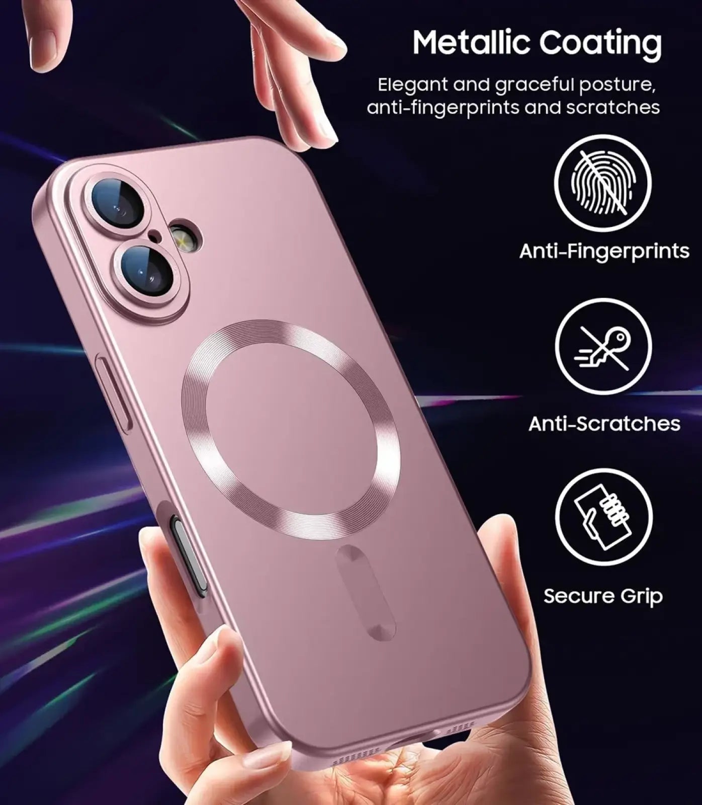 Rose gold metallic-coated magsafe magnetic silicone phone case for iPhone with circular charging pad on back side