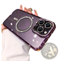 Back side of a sparkling purple magsafe rhinestone phone case with camera rhinestones and magnetic ring for iphone 13 pro max
