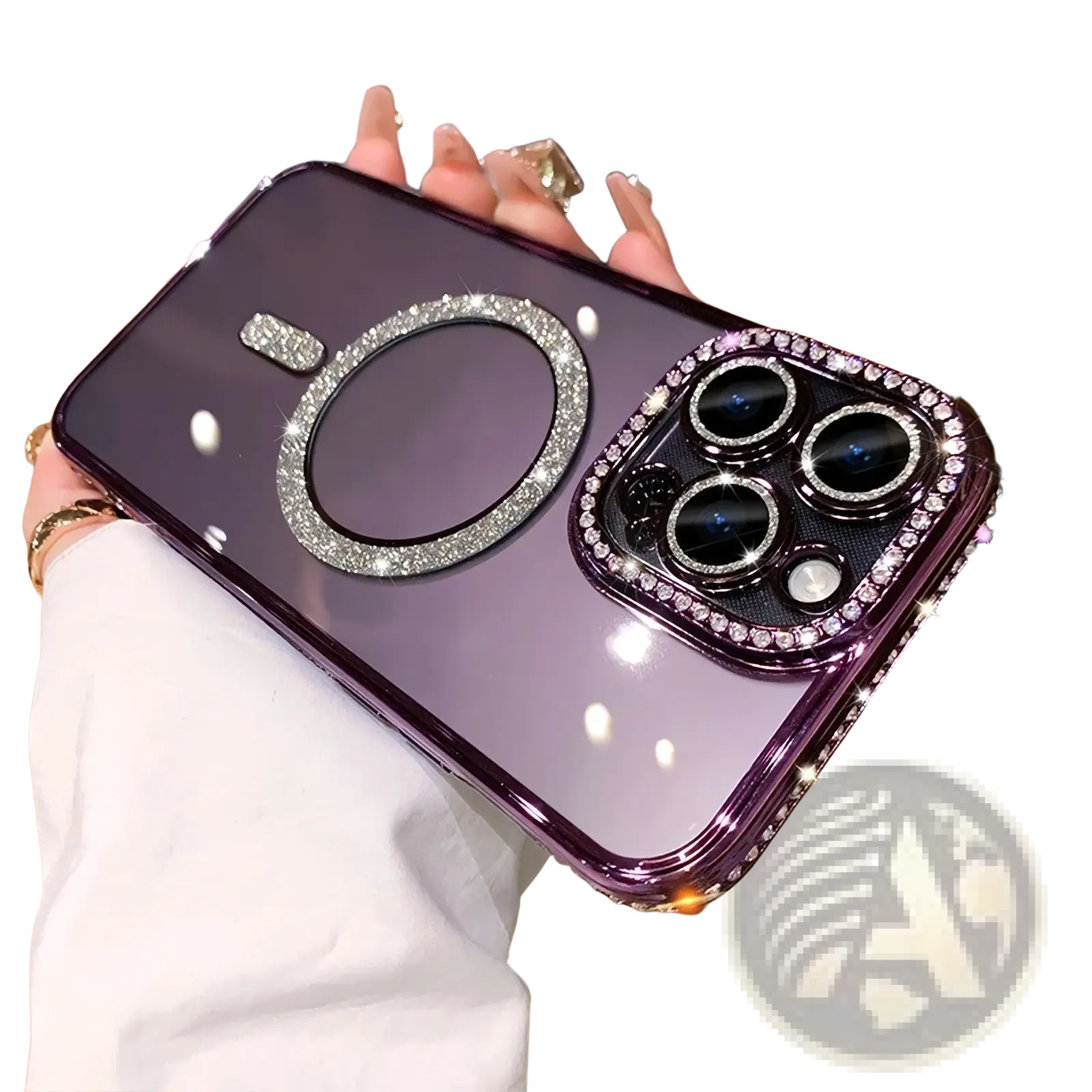 Back side of a sparkling purple magsafe rhinestone phone case with camera rhinestones and magnetic ring for iphone 13 pro max