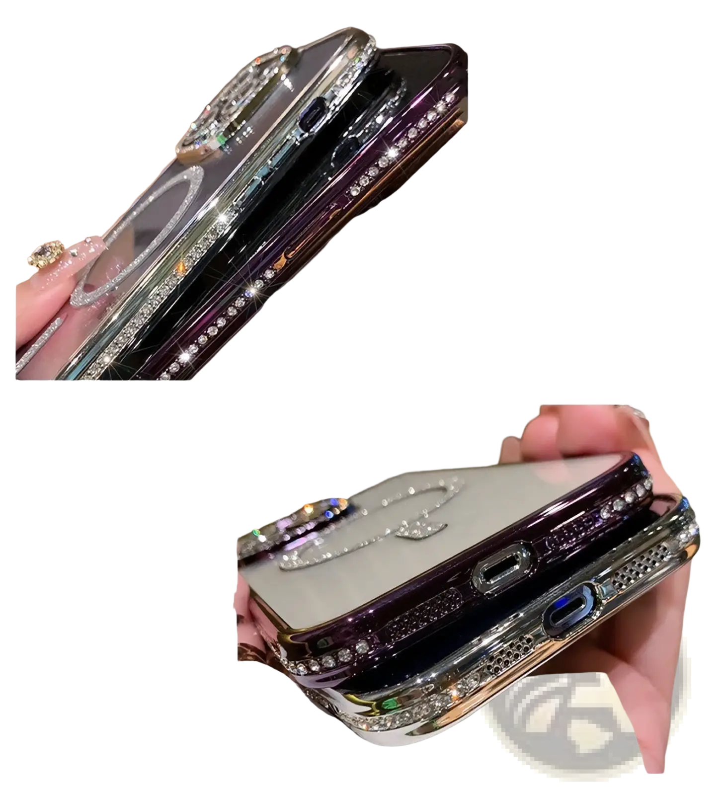 View of the back side of a magsafe rhinestone phone case for iphone 13 pro max in silver and black with magnetic ring holder