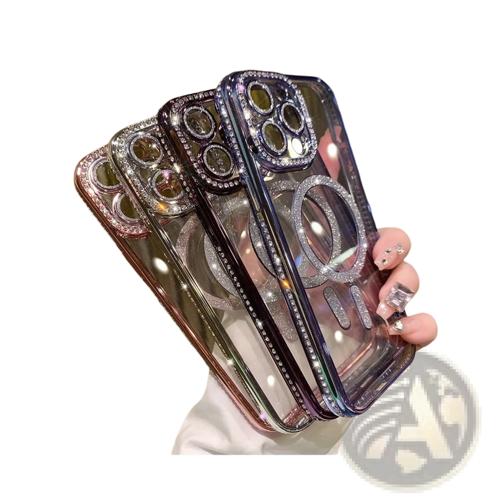 Clear glittering magsafe rhinestone phone case for iphone 13 pro max with镶钻 camera cutout and magnetic ring stand back view
