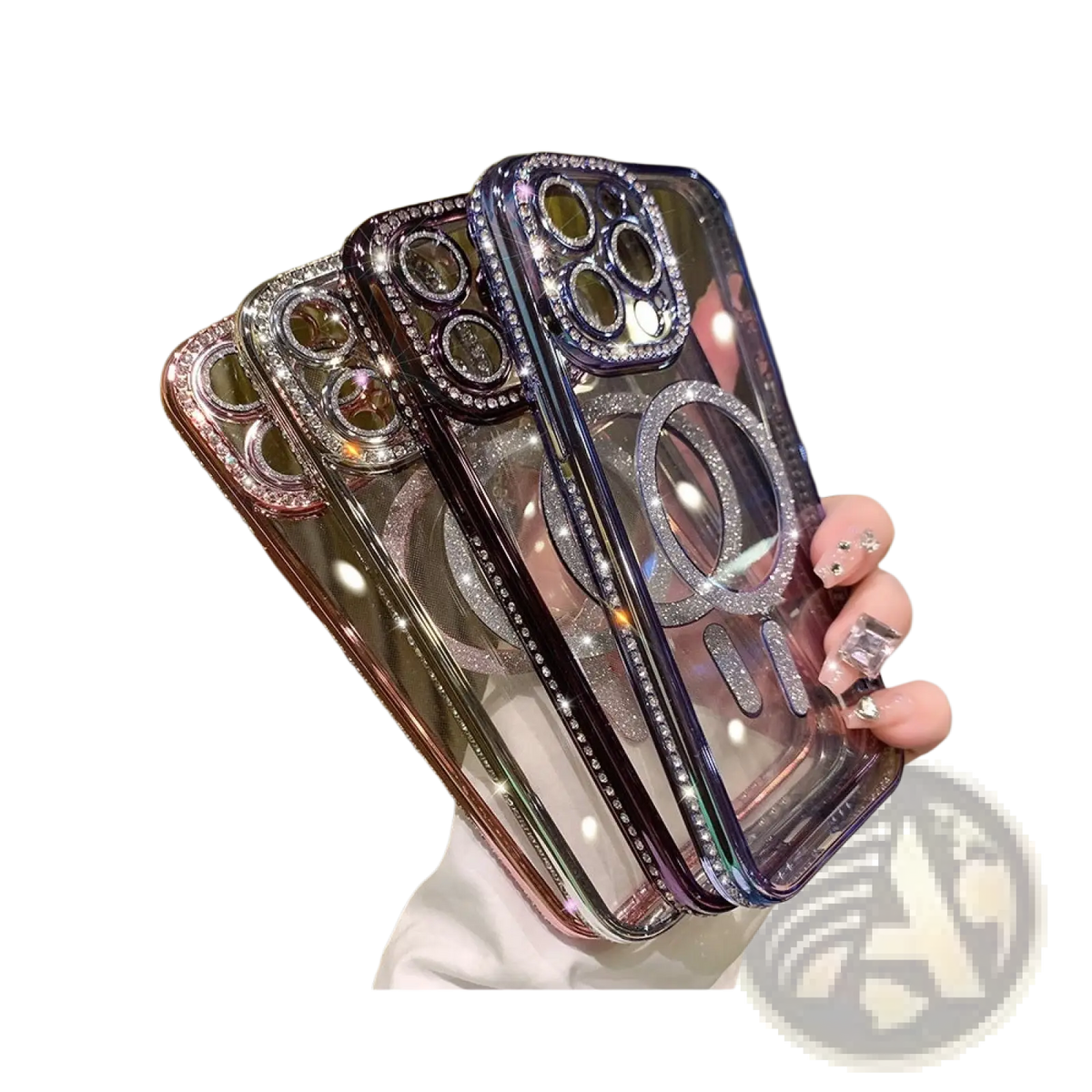 Clear glittering magsafe rhinestone phone case for iphone 13 pro max with镶钻 camera cutout and magnetic ring stand back view
