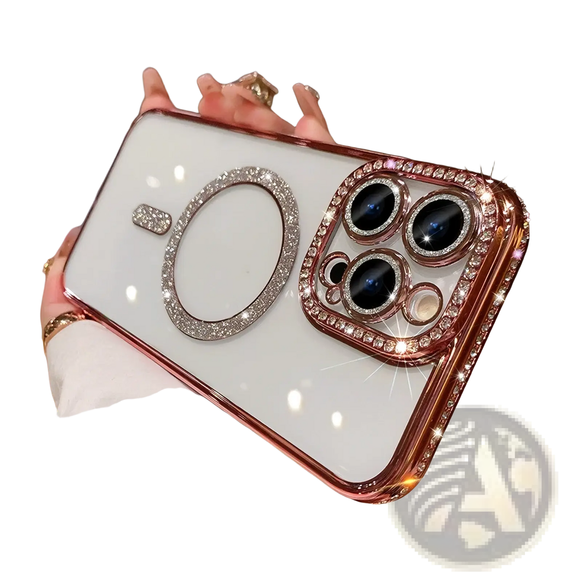 Back side of a white magsafe rhinestone phone case for iPhone 13 Pro Max with rose gold trim and sparkling embellishments
