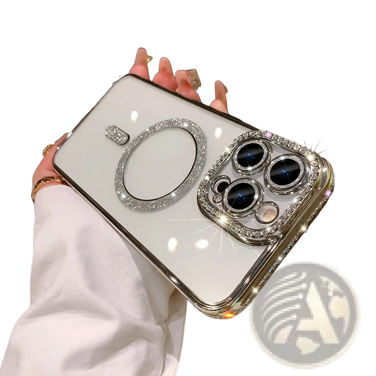 Back side of a white magsafe rhinestone phone case for iphone 13 pro max with a circular ring and silver trim
