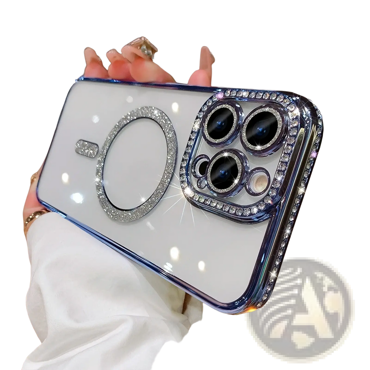 Back view of a white magsafe rhinestone phone case for iphone 13 pro max with blue crystal frame and magnetic ring stand