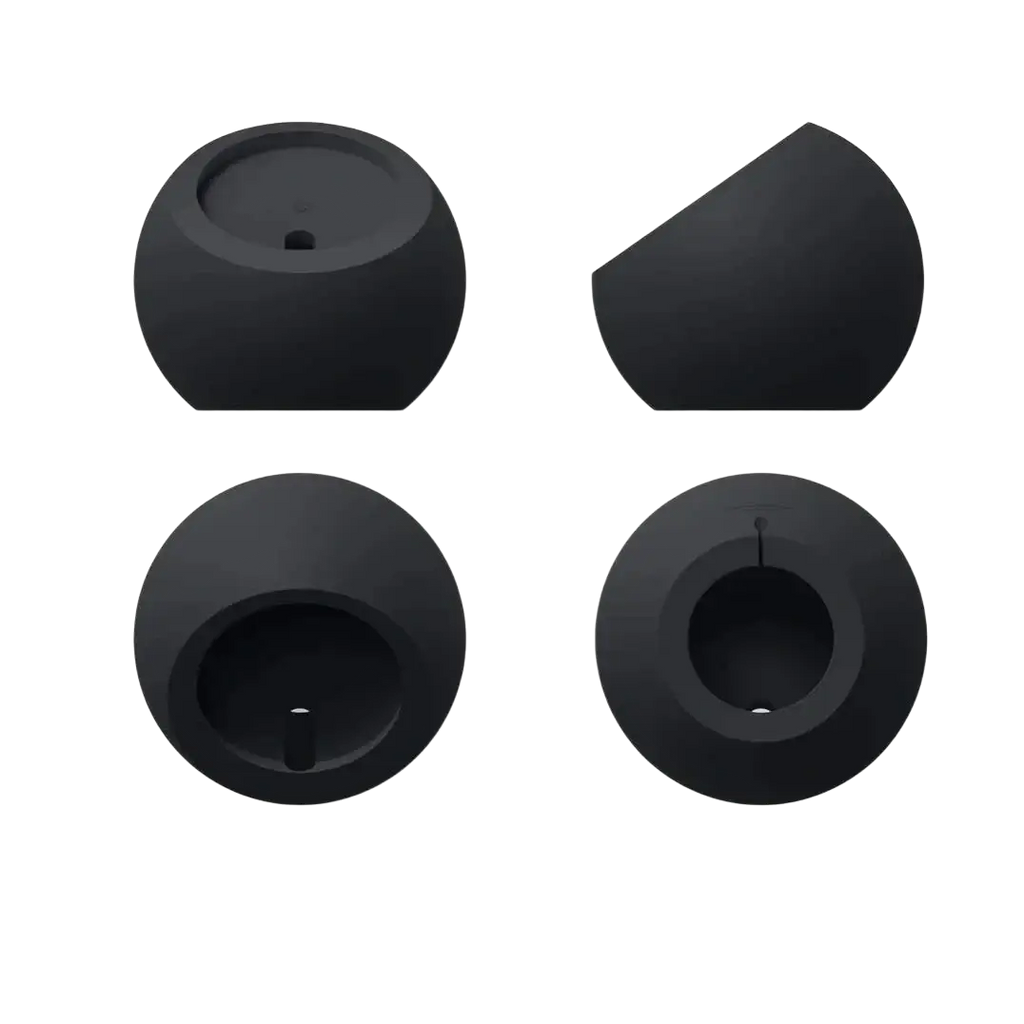Black matte finished spherical magsafe wireless charging desk stand for iphone with central hole and minimalist design