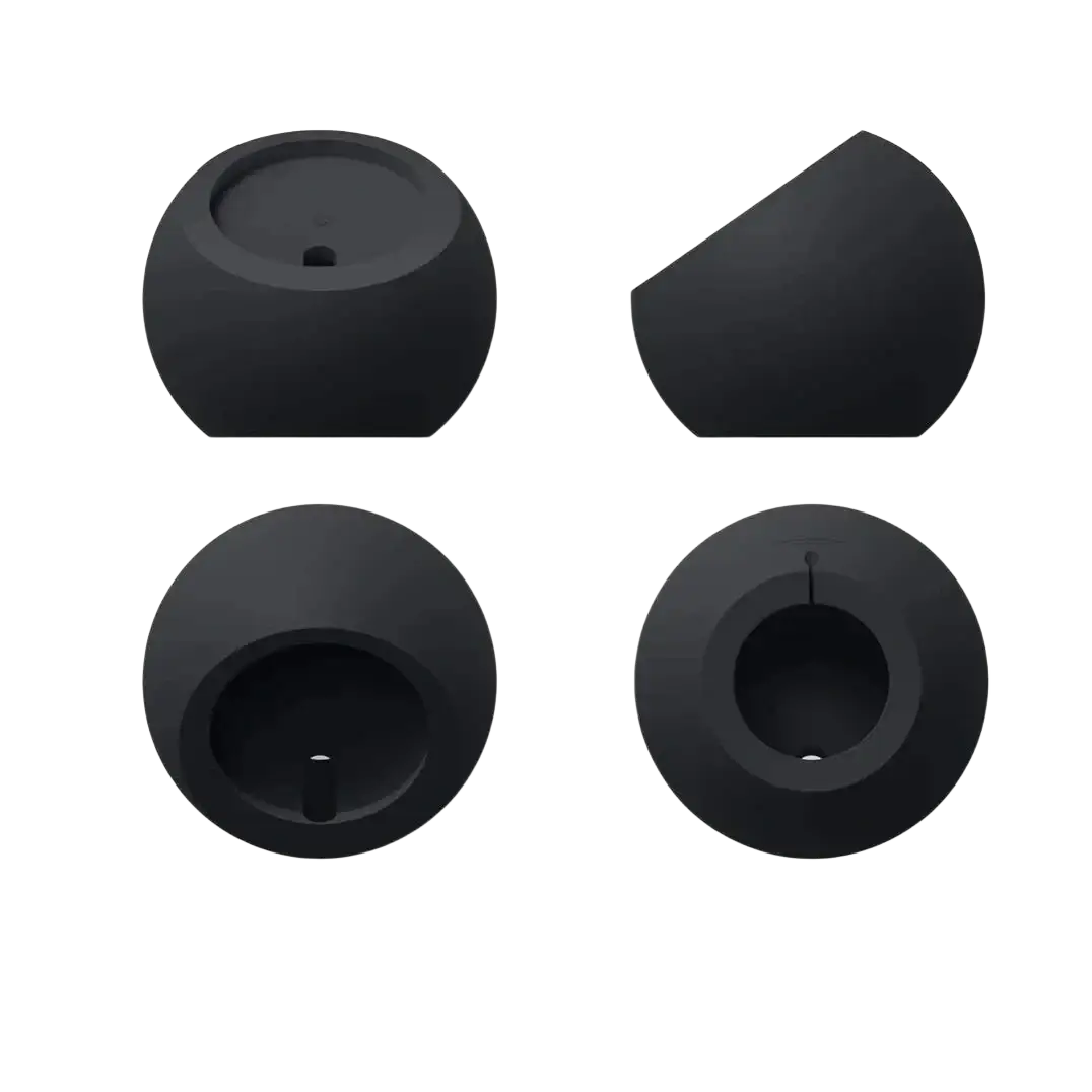 Black matte finished spherical magsafe wireless charging desk stand for iphone with central hole and minimalist design