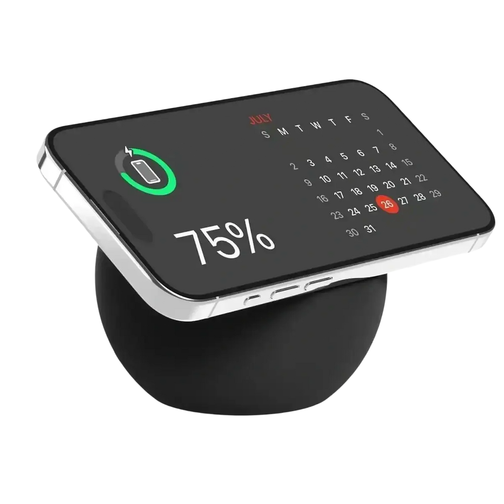 Black Magsafe wireless charging desk stand with sleek rounded base and silver-edged iPhone displaying calendar and battery