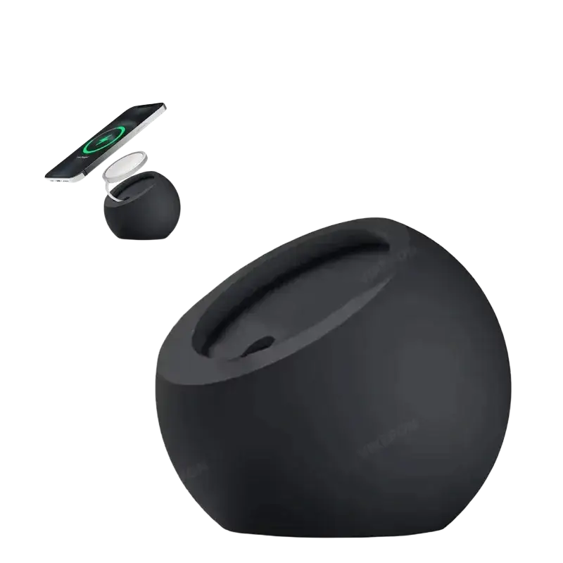 Black smooth-surfaced magsafe wireless charging desk stand with rounded slightly concave design for iphone