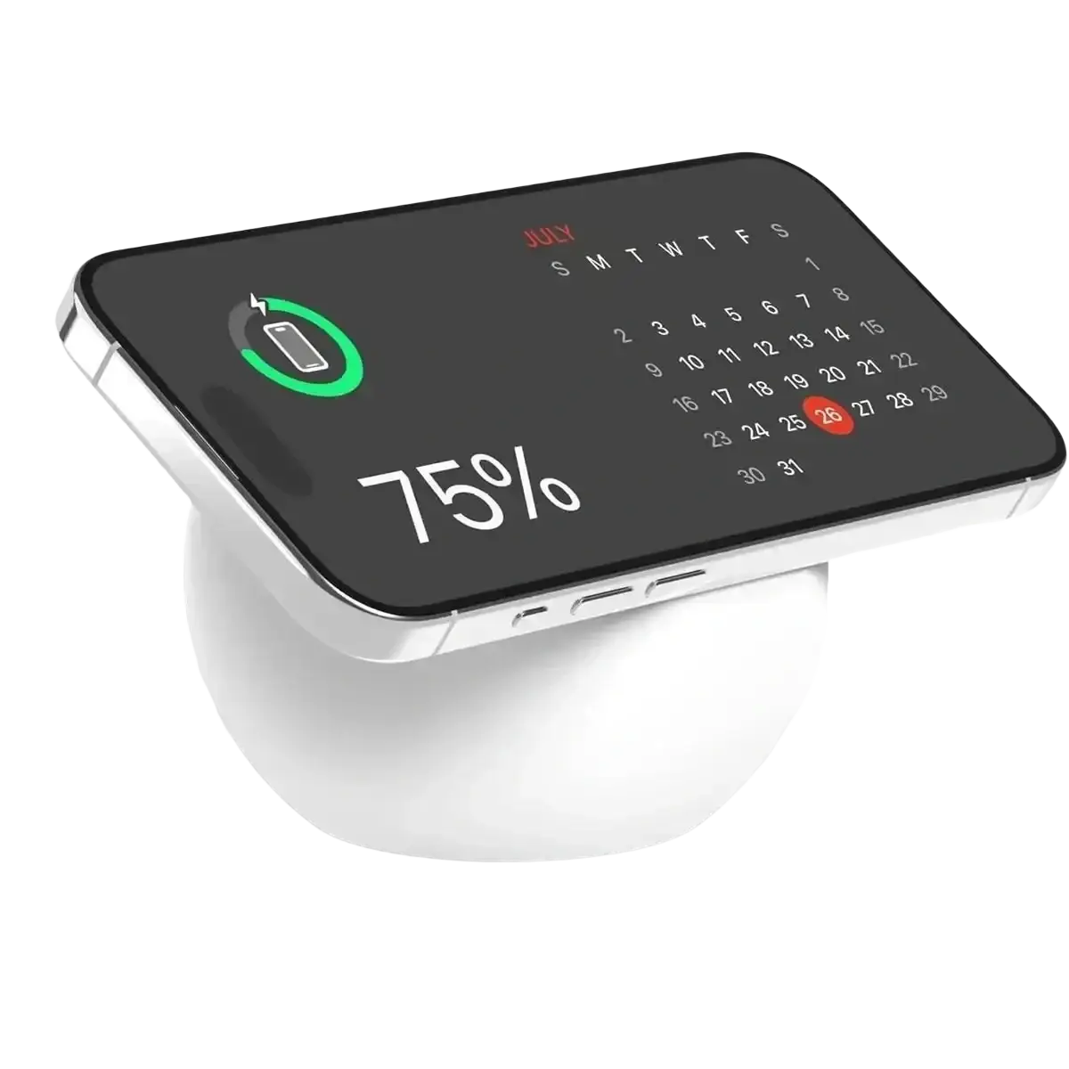White ceramic magsafe wireless charging desk stand with sleek curved base and iphone displaying calendar screen