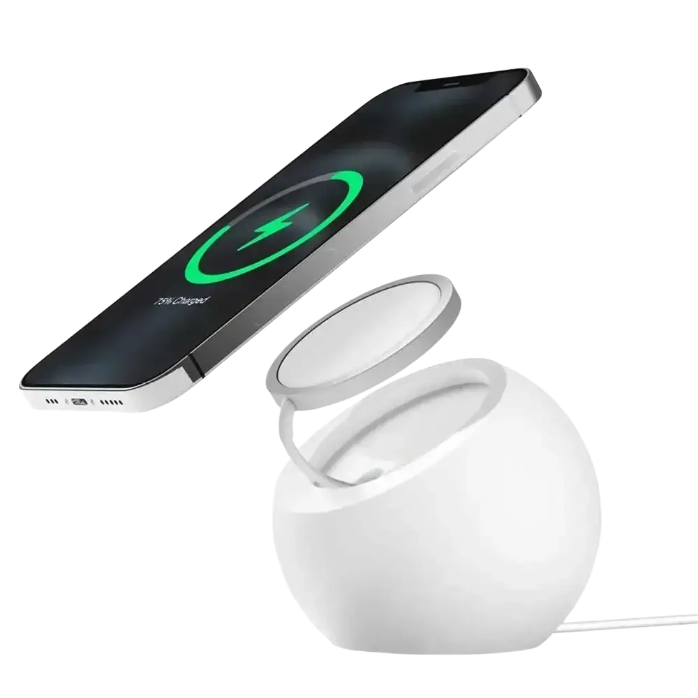 White spherical magsafe wireless charging desk stand with minimalist matte finish and integrated cable for iphone