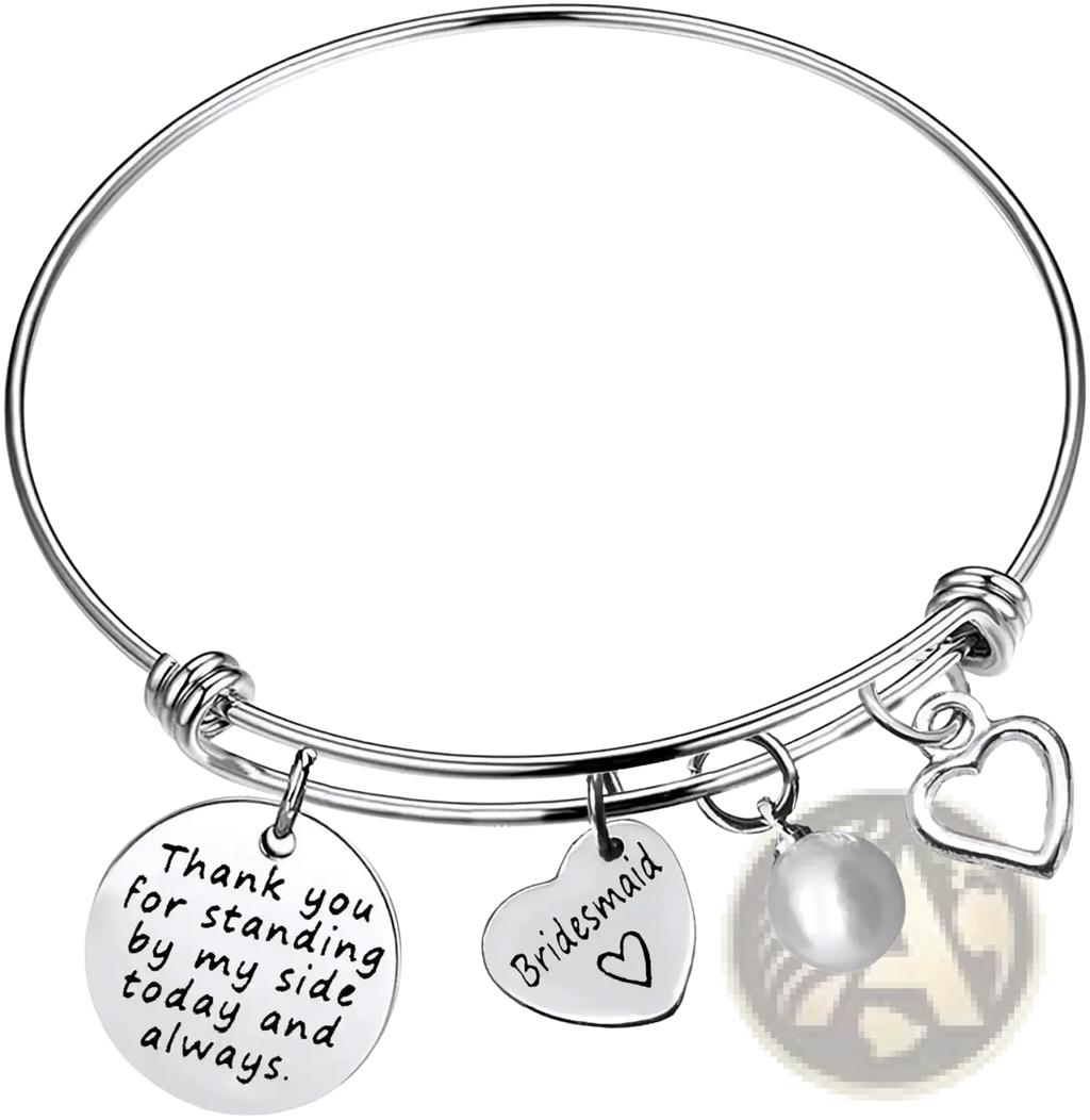 Silver adjustable bangle bracelet with engraved bridesmaid and thank you charms maid of honor wedding gift