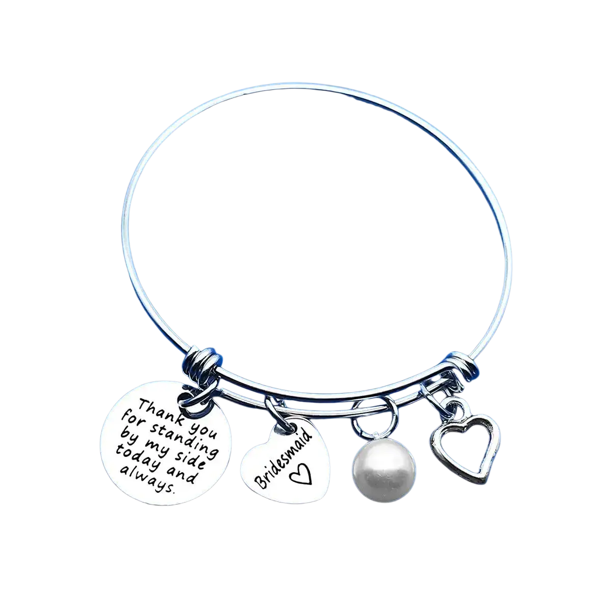 Silver maid of honor bangle bracelet with engraved thank you disc heart bridesmaid charm pearl bead wedding gift