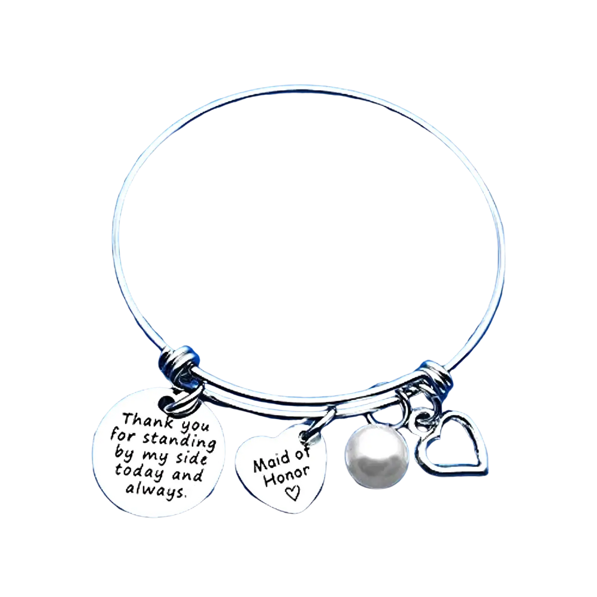 Silver maid of honor bangle bracelet with engraved charms including thank you disc heart pearl bead and open heart pendant