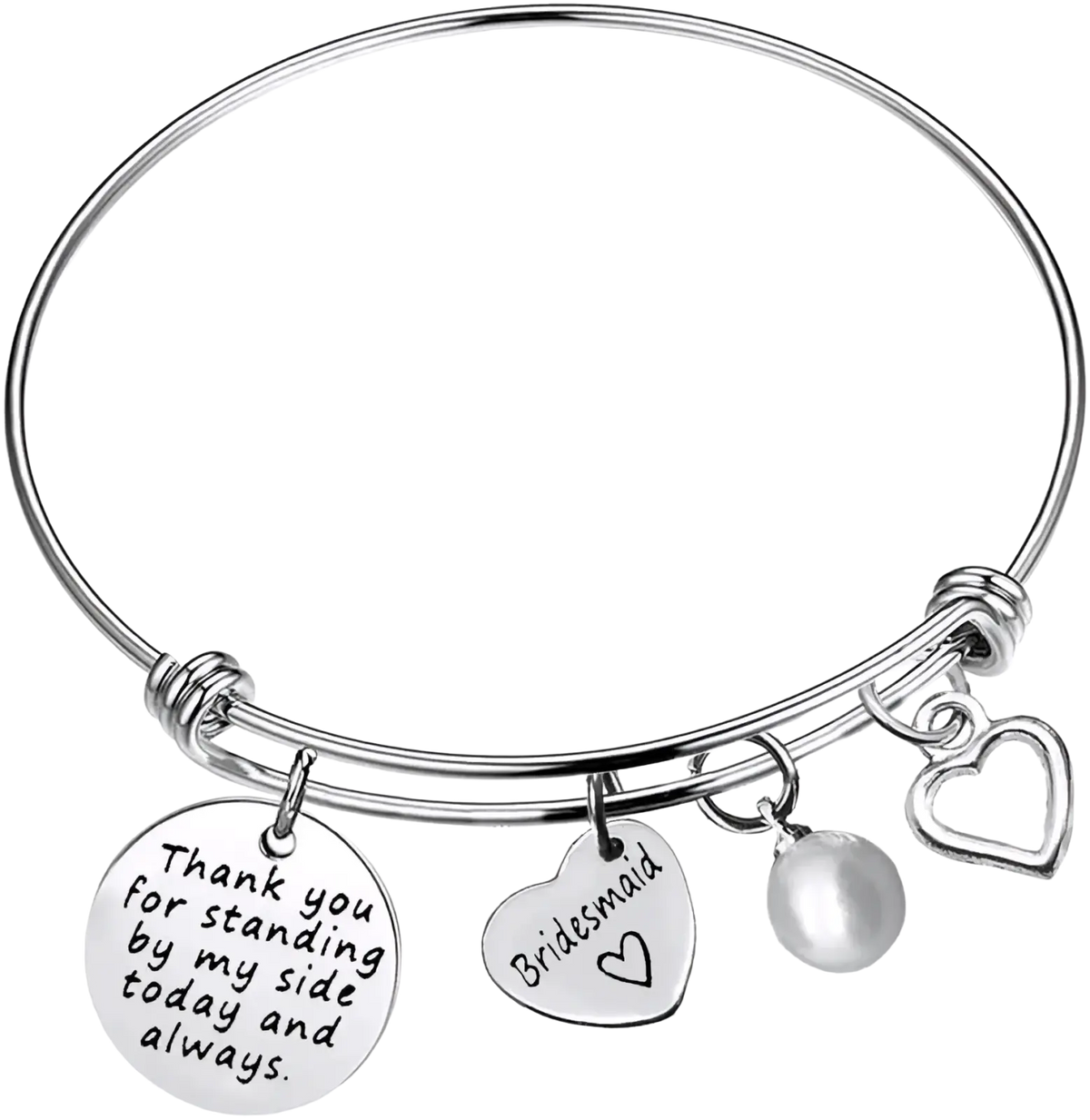 Silver adjustable bangle bracelet with engraved bridesmaid and thank you charms maid of honor wedding gift