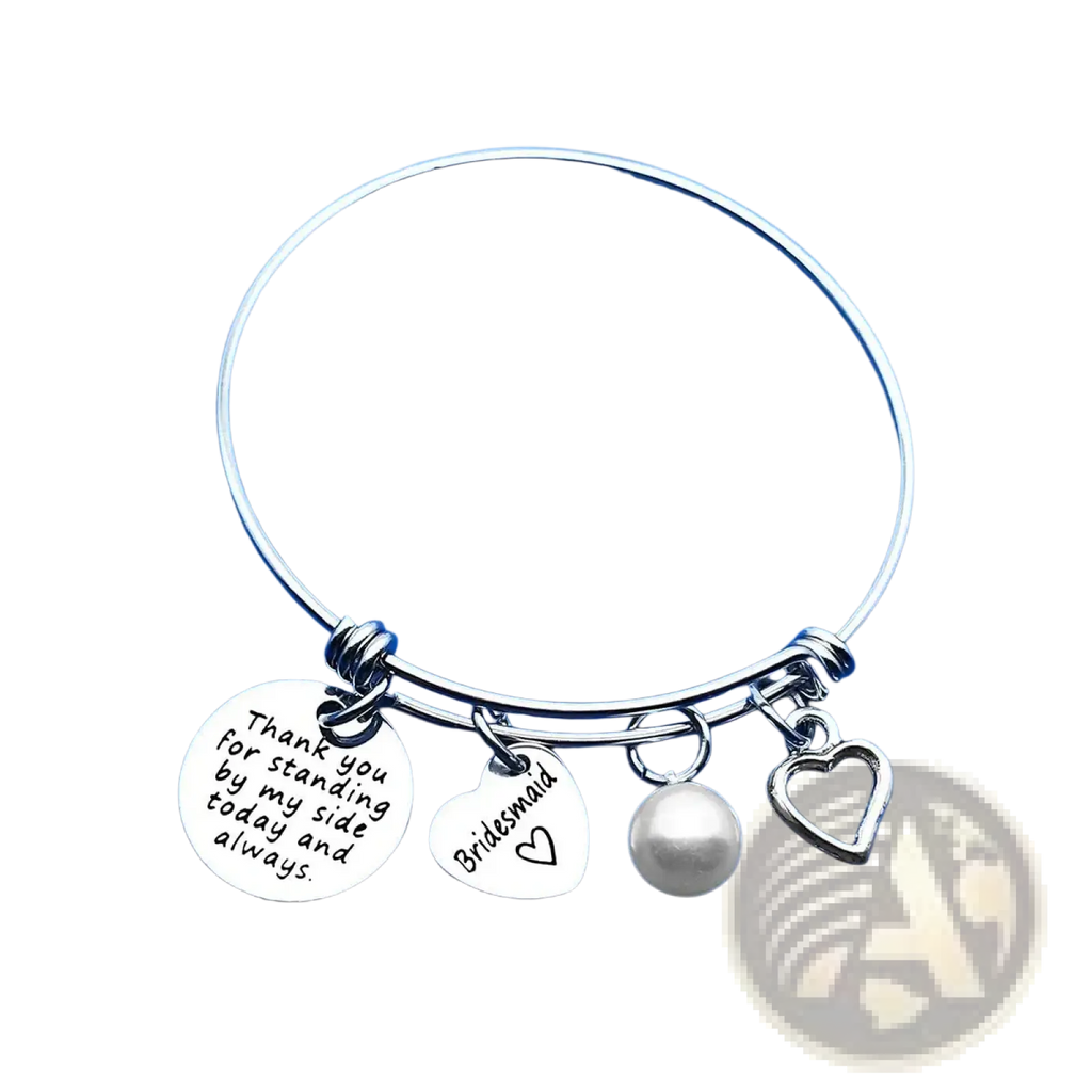 Silver maid of honor bangle bracelet with engraved thank you disc heart bridesmaid charm pearl bead wedding gift