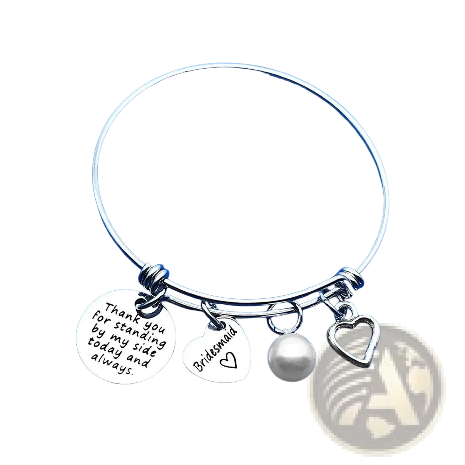 Silver maid of honor bangle bracelet with engraved thank you disc heart bridesmaid charm pearl bead wedding gift