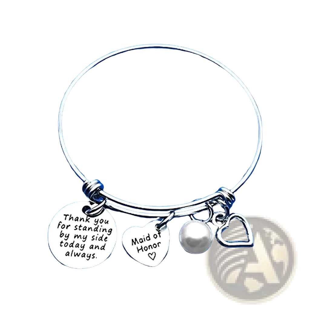 Silver maid of honor bangle bracelet with engraved charms including thank you disc heart pearl bead and open heart pendant