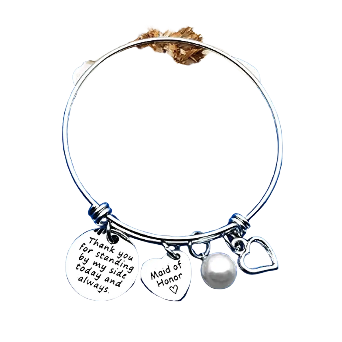 Silver expandable maid of honor bangle bracelet adorned with engraved charms pearl bead and heart pendant