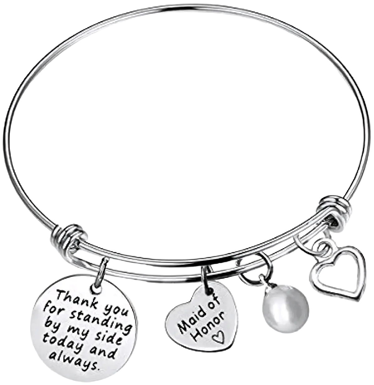 Silver expandable bangle bracelet with engraved maid of honor and thank you charms wedding gift accessory